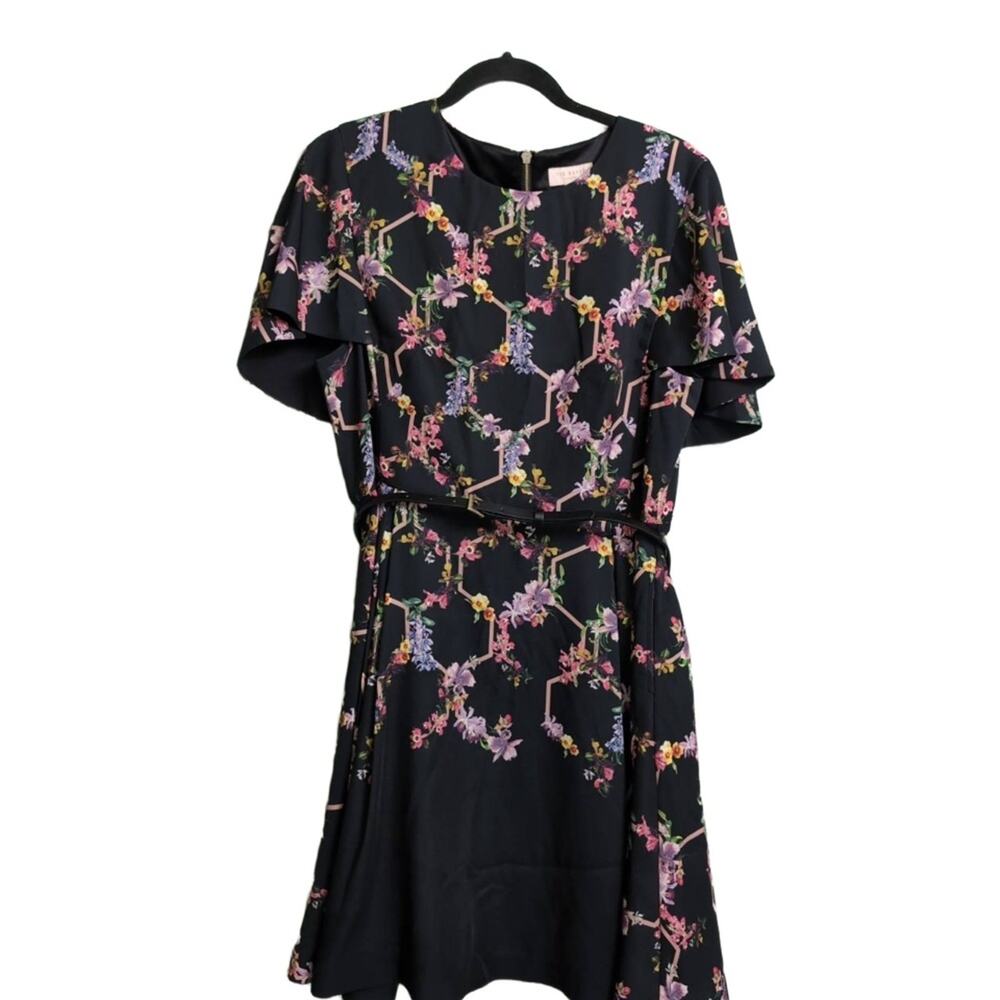 Ted Baker Vianna Gardens Frill Sleeve Dress A-line Black Floral Mini 5 = US 12